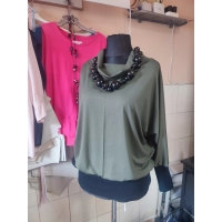 Sportowa bluzka ze ściągaczami i z golfem - khaki i czarny